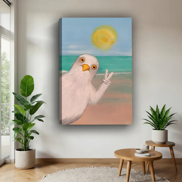 Cute bird coastal canvas art print with peace sign beach scene