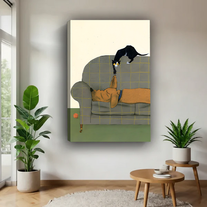 Unframed funny cat and dog canvas print displayed in a modern living room, illustrated pet wall art for home decor