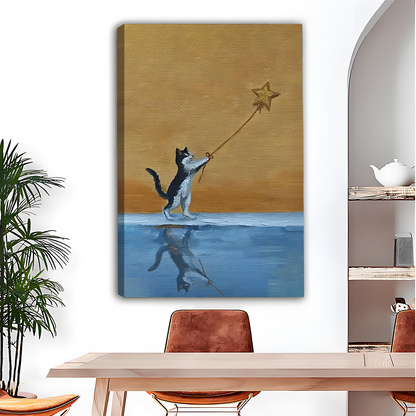 Inspirational cat reaching star canvas wall art, oil painting print for living room
