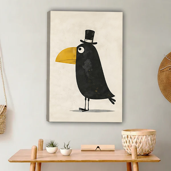 Whimsical dapper black toucan with yellow beak and top hat framed wall art print in black frame above a wooden console table in a bohemian entryway