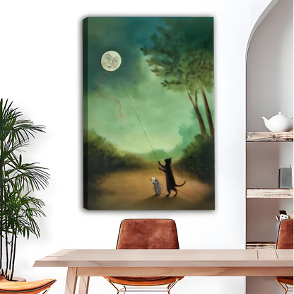 Whimsical Cat Mouse Moon Kite Framed Canvas Wall Art l2639