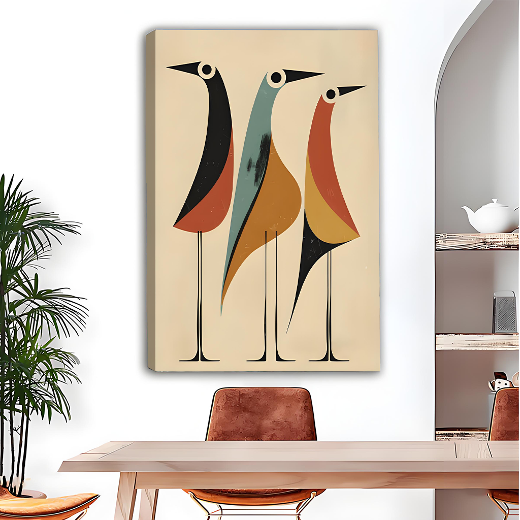 Mid-Century Modern Abstract Birds Trio Canvas Wall Art Print Earth Tone Dining Room