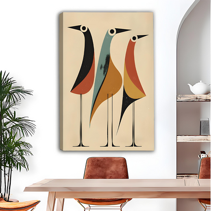 Mid-Century Modern Abstract Birds Trio Canvas Wall Art Print Earth Tone Dining Room