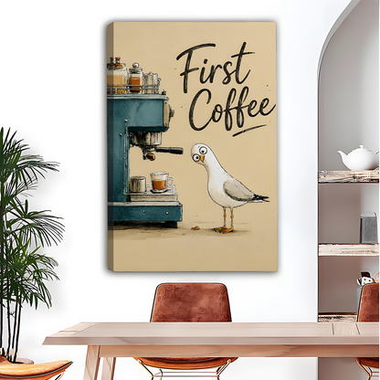 First Coffee Funny Seagull Framed Wall Art Print l2996