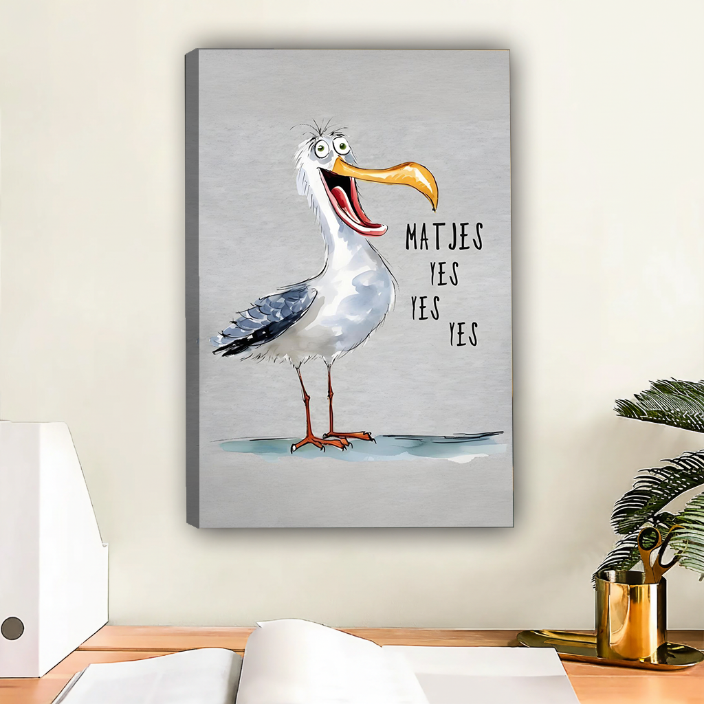 Funny seagull 'Matjes Yes Yes Yes' gallery wrap canvas art above wooden desk – whimsical coastal bird illustration without frame for modern home office wall decor