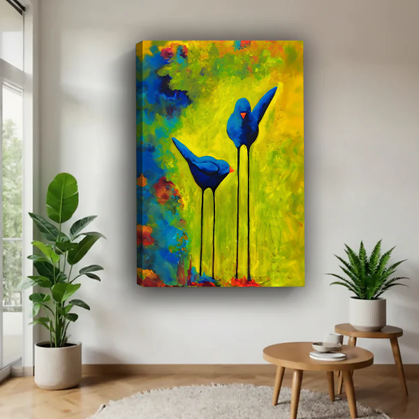 Two blue birds vibrant abstract gallery wrap canvas art without frame in contemporary home setting