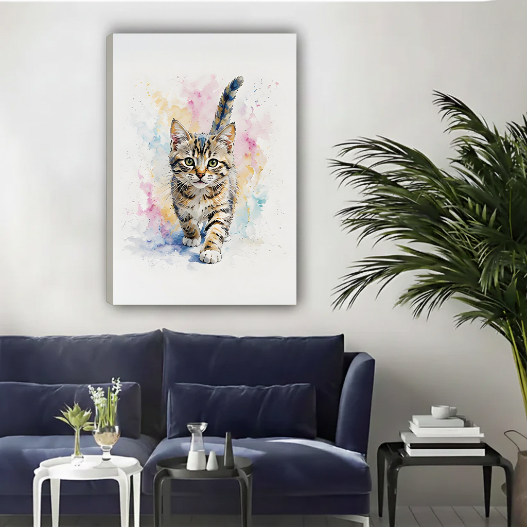 Pastel watercolor cat canvas print displayed on light gray wall in minimalist living room
