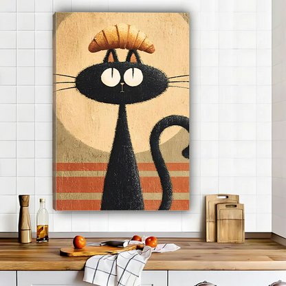 Black cat with croissant retro illustration gallery wrap canvas art above wooden kitchen counter