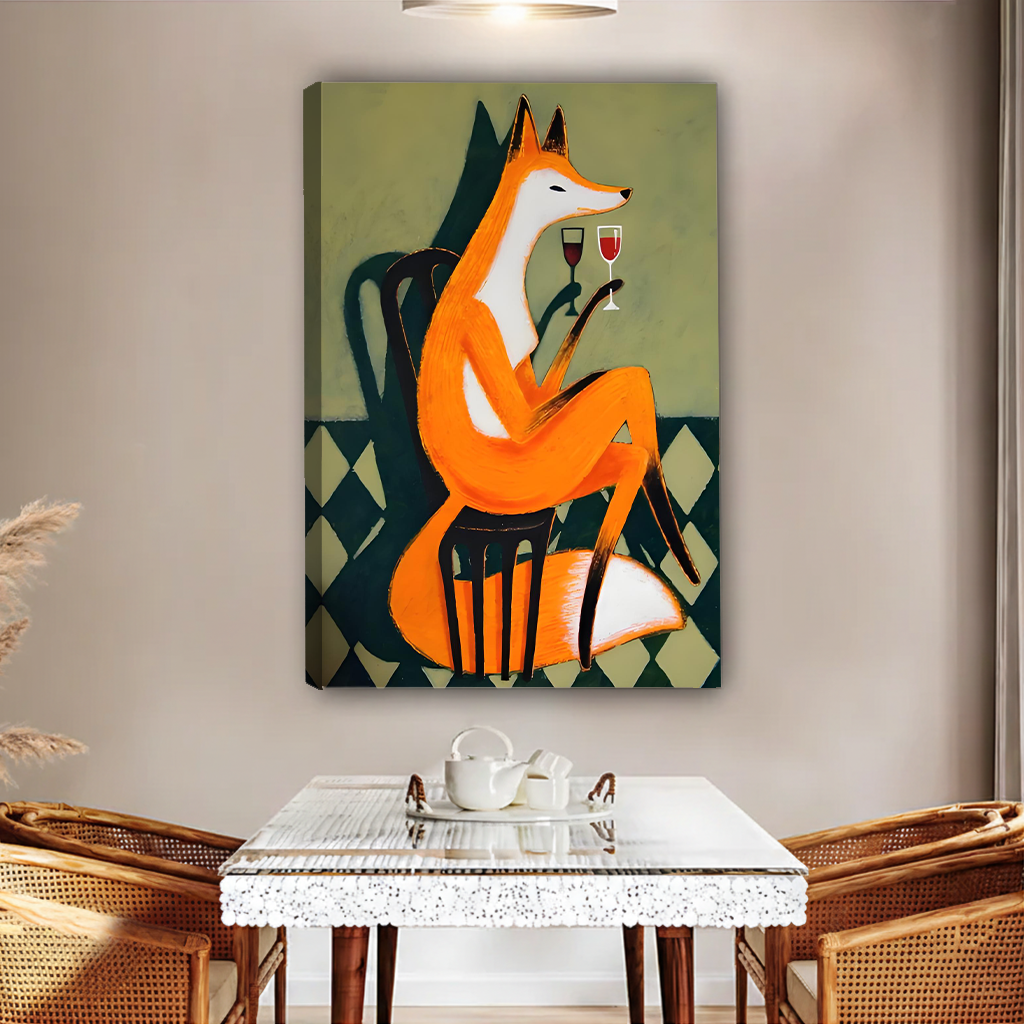 Orange fox wine mid-century modern gallery wrap canvas art without frame above glass dining table with rattan chairs and pampas grass