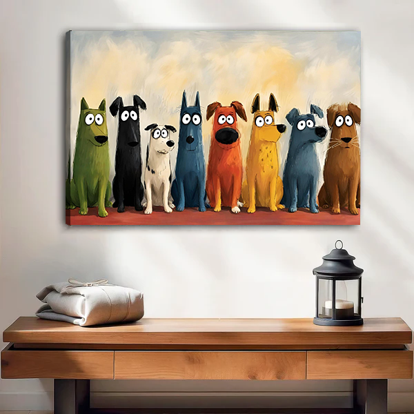 Whimsical Colorful Dogs Lineup Canvas Wall Art Print Home Decor