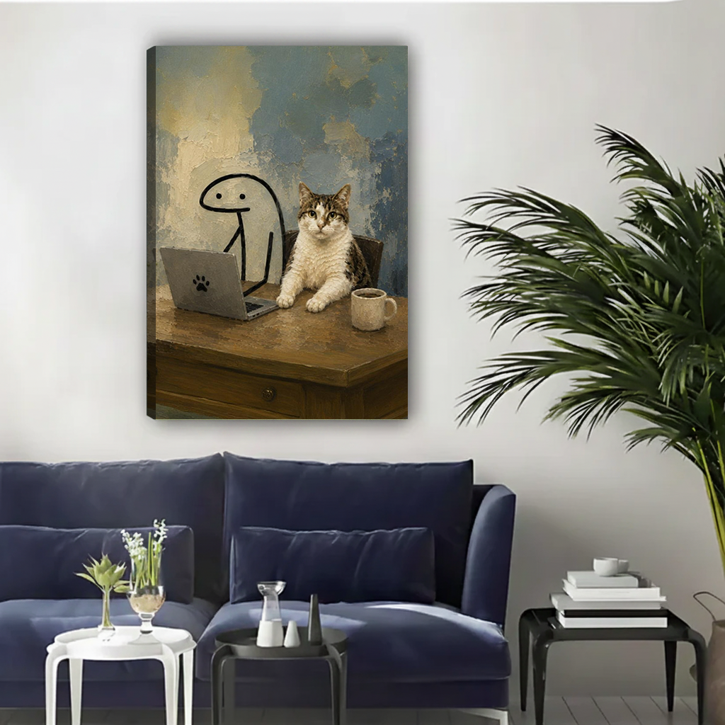 Whimsical cat with laptop canvas wall art displayed above a navy velvet sofa in a contemporary living room