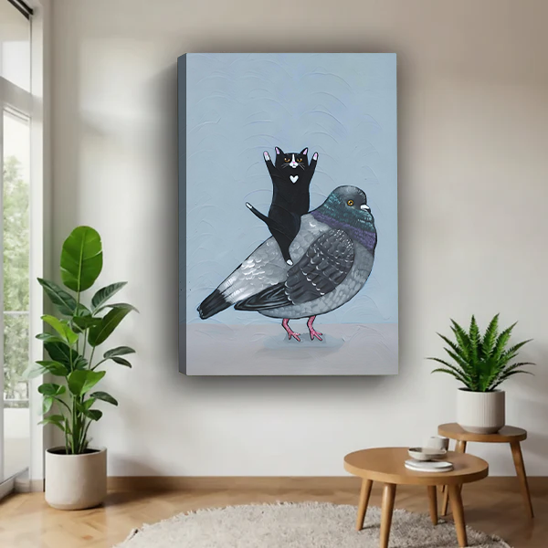 Whimsical Cat Pigeon Canvas Wall Art Print for Home Decor
