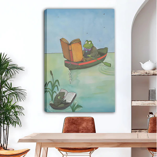 Whimsical reading frog watercolor canvas wall art displayed in dining room with wood table