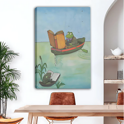 Whimsical reading frog watercolor canvas wall art displayed in dining room with wood table
