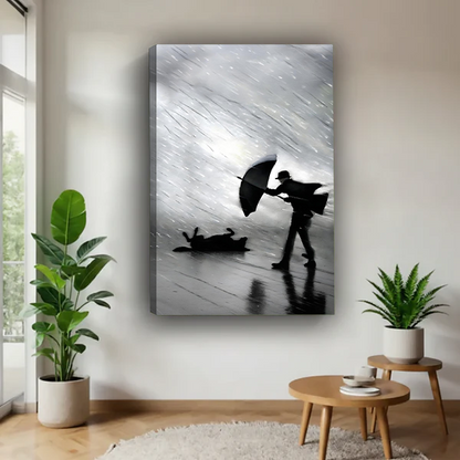 Funny rain silhouette man and dog canvas art print – frameless black white photography wall decor in bright minimalist living room