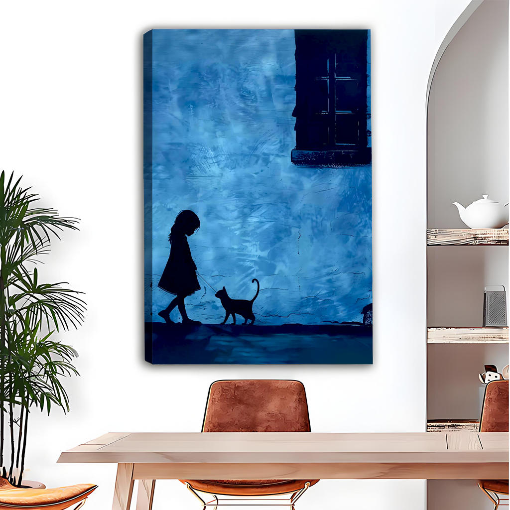 Girl and cat silhouette canvas wall art with deep blue textured background displayed in modern dining room setting
