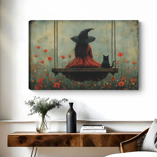 	Canvas witch girl black cat red poppy vintage wall art print on white wall living room decor
