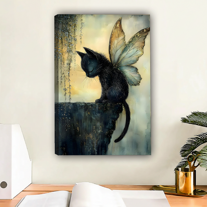 Black cat with butterfly wings gallery wrap canvas art above wooden desk – whimsical fantasy watercolor illustration in golden teal for home office wall decor