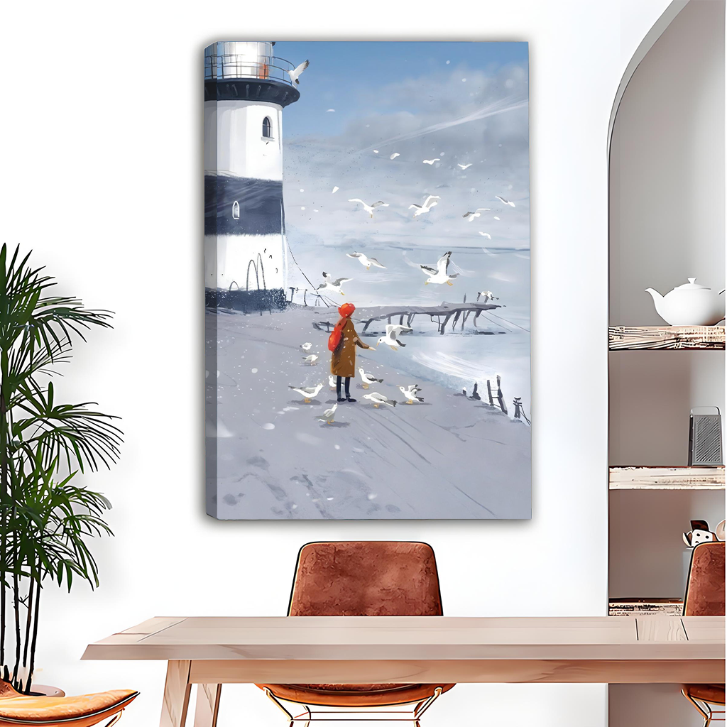 Winter Lighthouse Girl Feeding Seagulls Canvas Wall Art Print Coastal Dining Room Decor