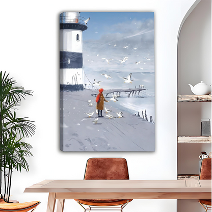 Winter Lighthouse Girl Feeding Seagulls Canvas Wall Art Print Coastal Dining Room Decor