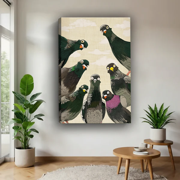 Quirky pigeon group Japanese art gallery wrap canvas wall art, no frame, minimalist living room