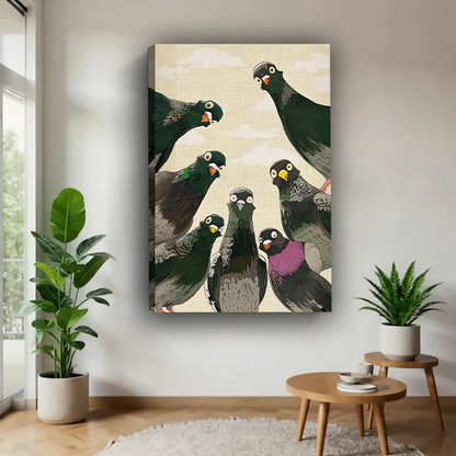 Quirky pigeon group Japanese art gallery wrap canvas wall art, no frame, minimalist living room