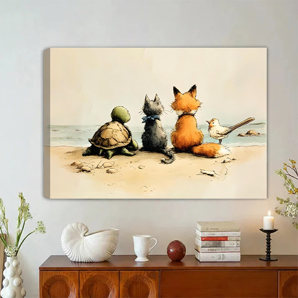 Turtle gray cat orange fox and small bird sitting side by side on sandy beach facing the ocean vintage illustration style gallery wrap canvas art displayed on white wall above mid-century modern wooden sideboard with white ceramic vase dried flowers white mug and black candlestick holder