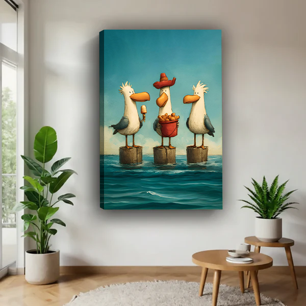 Cartoon seagulls ocean canvas wall art print funny coastal style modern home decor