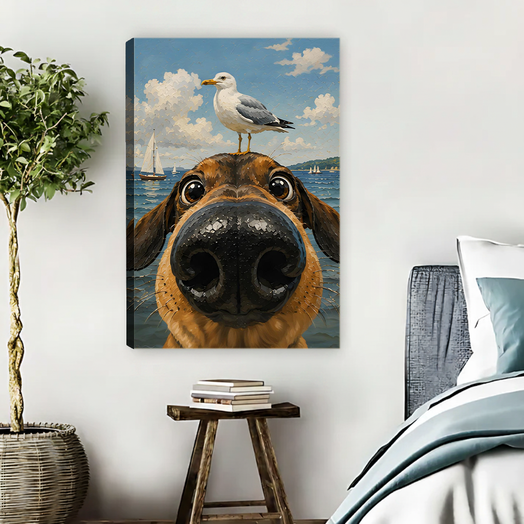 Funny dachshund with seagull on head ocean sailboat illustration gallery wrap canvas wall art in cozy bedroom above wooden stool with books