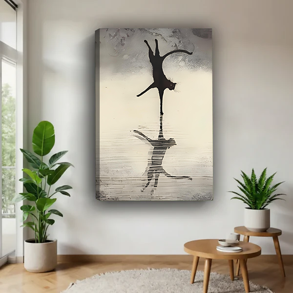 Frameless canvas cat and lion reflection print displayed in a modern living room, minimalist black ink wall art decor