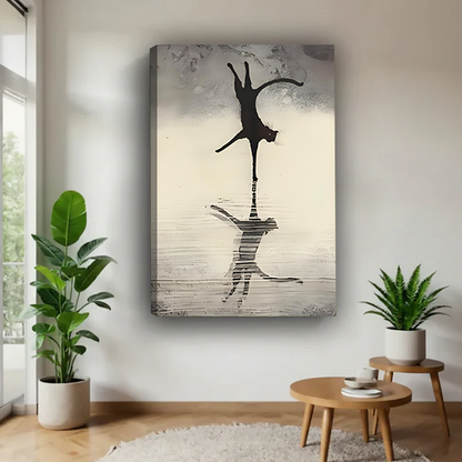 Frameless canvas cat and lion reflection print displayed in a modern living room, minimalist black ink wall art decor