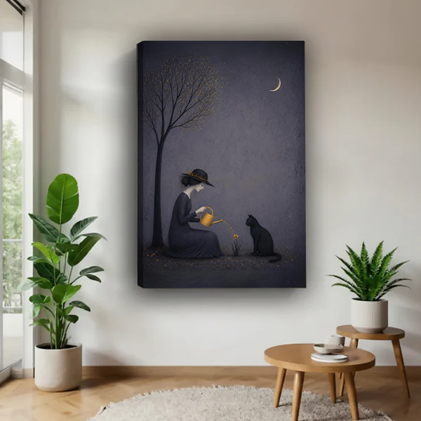 Unframed canvas moonlit witch and cat print displayed in a modern living room, dark mystical illustrated wall art decor