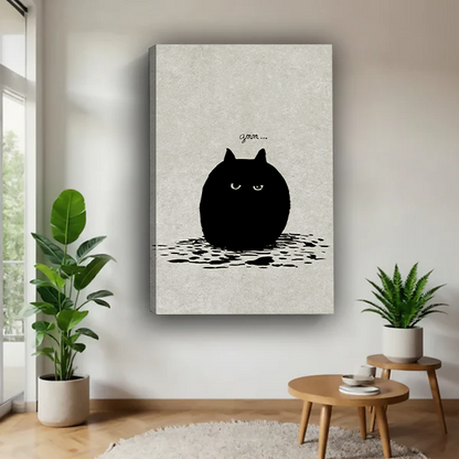 Round grumpy black cat grrr whimsical gallery wrap canvas art without frame hanging in contemporary living room with fiddle leaf fig and succulent plants