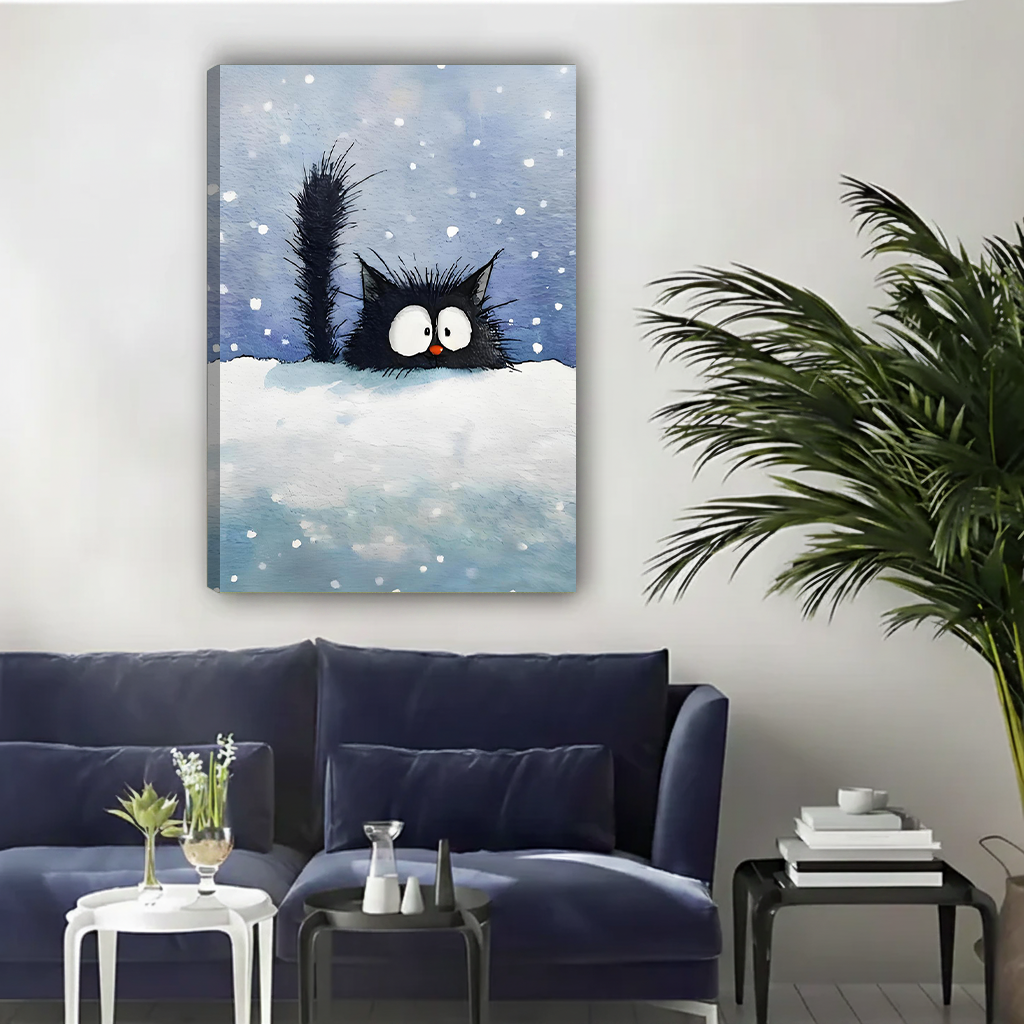 Black cat in snowstorm gallery wrap canvas art displayed in contemporary blue living room