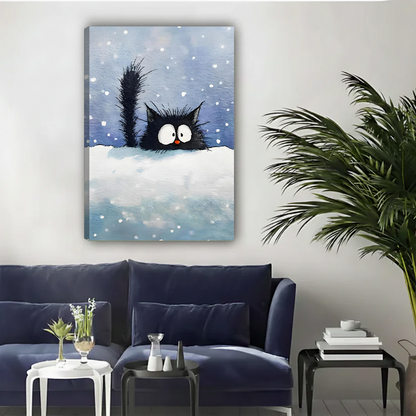 Black cat in snowstorm gallery wrap canvas art displayed in contemporary blue living room
