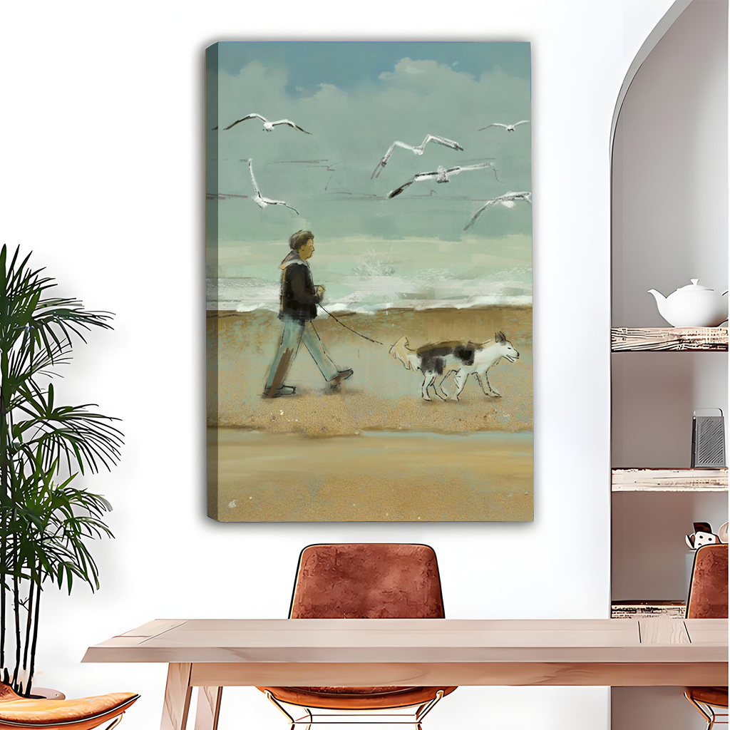 Person Walking Border Collie Beach Coastal Canvas Wall Art Print Dining Room Decor