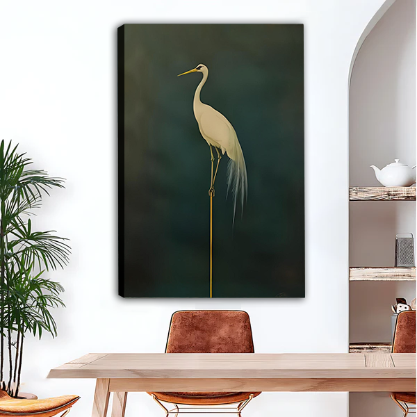 White egret on dark green canvas art print, unframed minimalist bird wall decor with gold accent for dining room