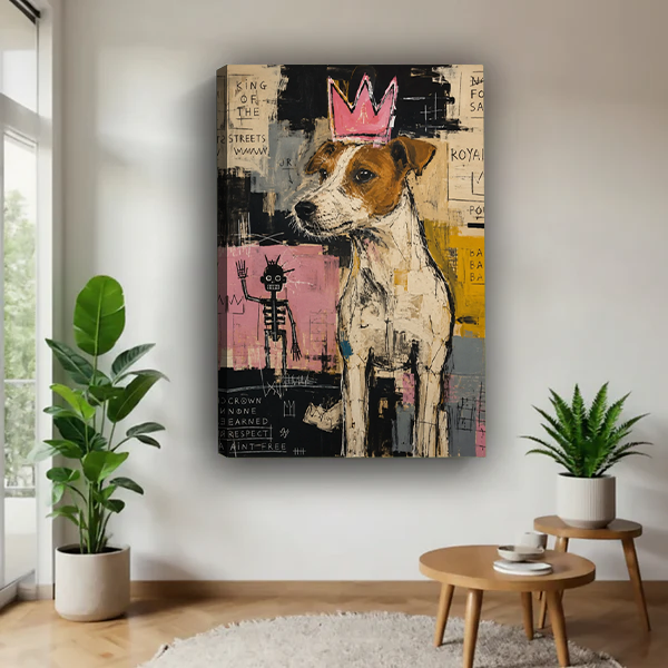 Jack Russell Terrier dog with pink crown bold street art gallery wrap canvas without frame hanging in modern living room with tropical plants
