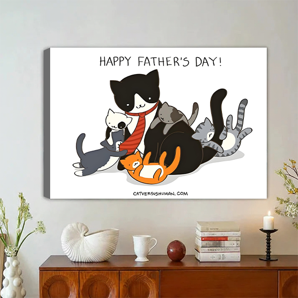 Happy Father's Day funny cat family gallery wrap canvas art with cartoon dad cat and four kittens displayed above wooden sideboard with white ceramic decor and candle