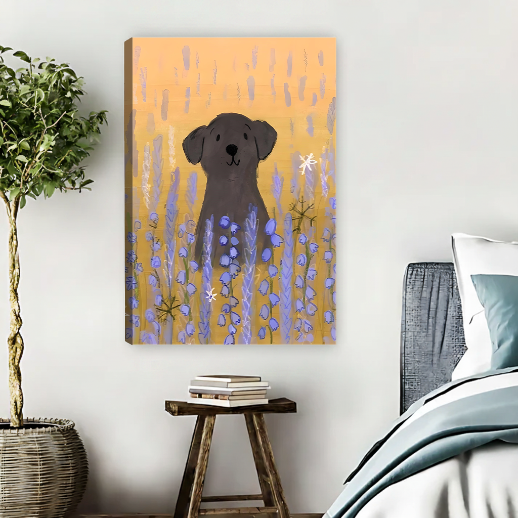 Black labrador dog sitting in purple bluebell flower field warm orange background boho hand-painted illustration gallery wrap canvas art displayed on white wall above rustic wooden stool with books beside teal bedding in cozy bedroom