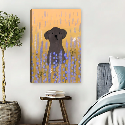 Black labrador dog sitting in purple bluebell flower field warm orange background boho hand-painted illustration gallery wrap canvas art displayed on white wall above rustic wooden stool with books beside teal bedding in cozy bedroom
