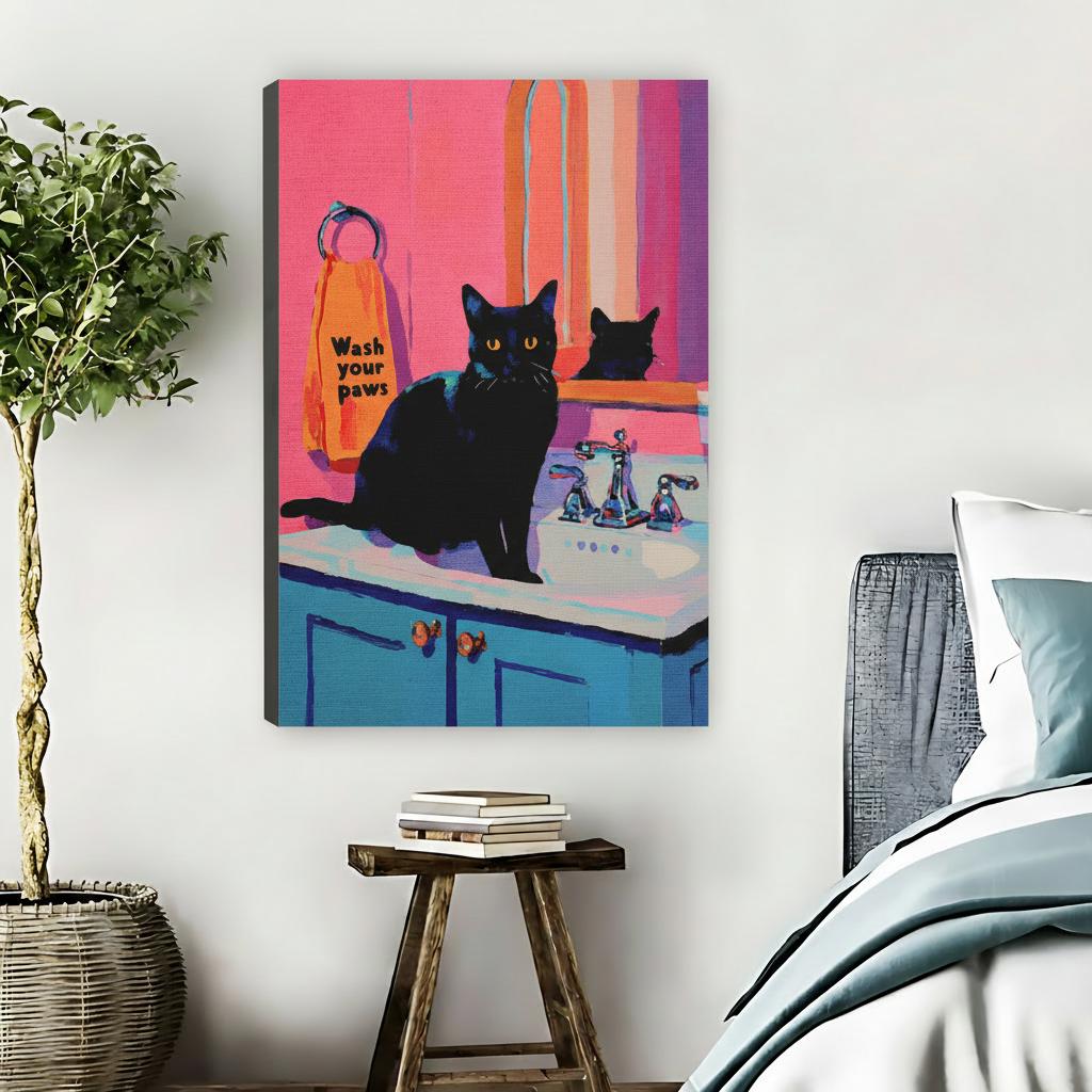 Wash Your Paws Black Cat Bathroom Framed Canvas Art|Liberty Signs #L1712