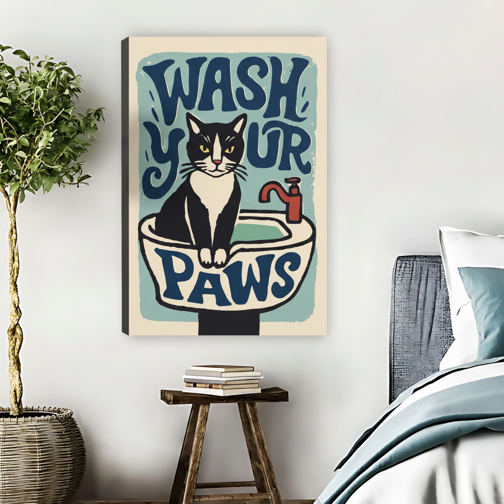 Wash Your Paws Funny Cat Framed Canvas Wall Art| Liberty Signs #L1641