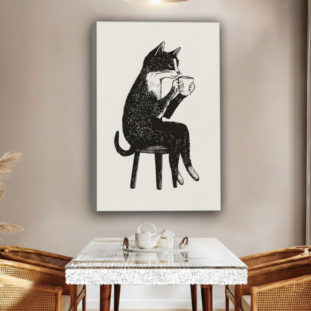 Black Cat Drinking Coffee Framed Canvas Wall Art Print|Liberty Signs#L1790