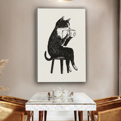 Black Cat Drinking Coffee Framed Canvas Wall Art Print|Liberty Signs#L1790