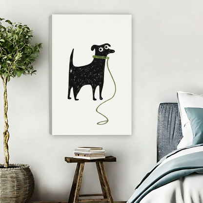 Gallery wrap canvas art of minimalist black dog with green leash — frameless animal illustration for bedroom decor