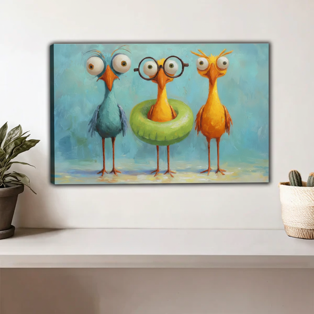 Whimsical Colorful Birds Oil Painting Square Framed Print – Funny Bird Wall Art with Vibrant Brushstroke Detail