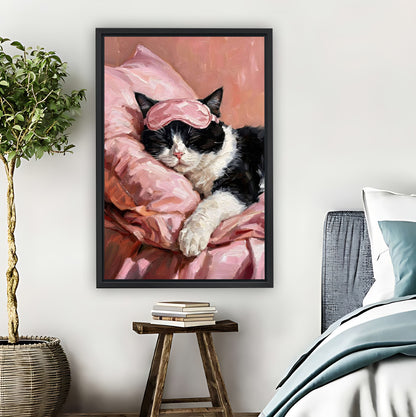 Cozy Tuxedo Cat with Pink Sleep Mask Wall Art Print| Liberty Signs #L1566