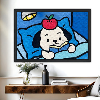 Cute Puppy with Apple on Head Art Print | Cozy Blue Kids' Wall Decor|Liberty Signs #L521