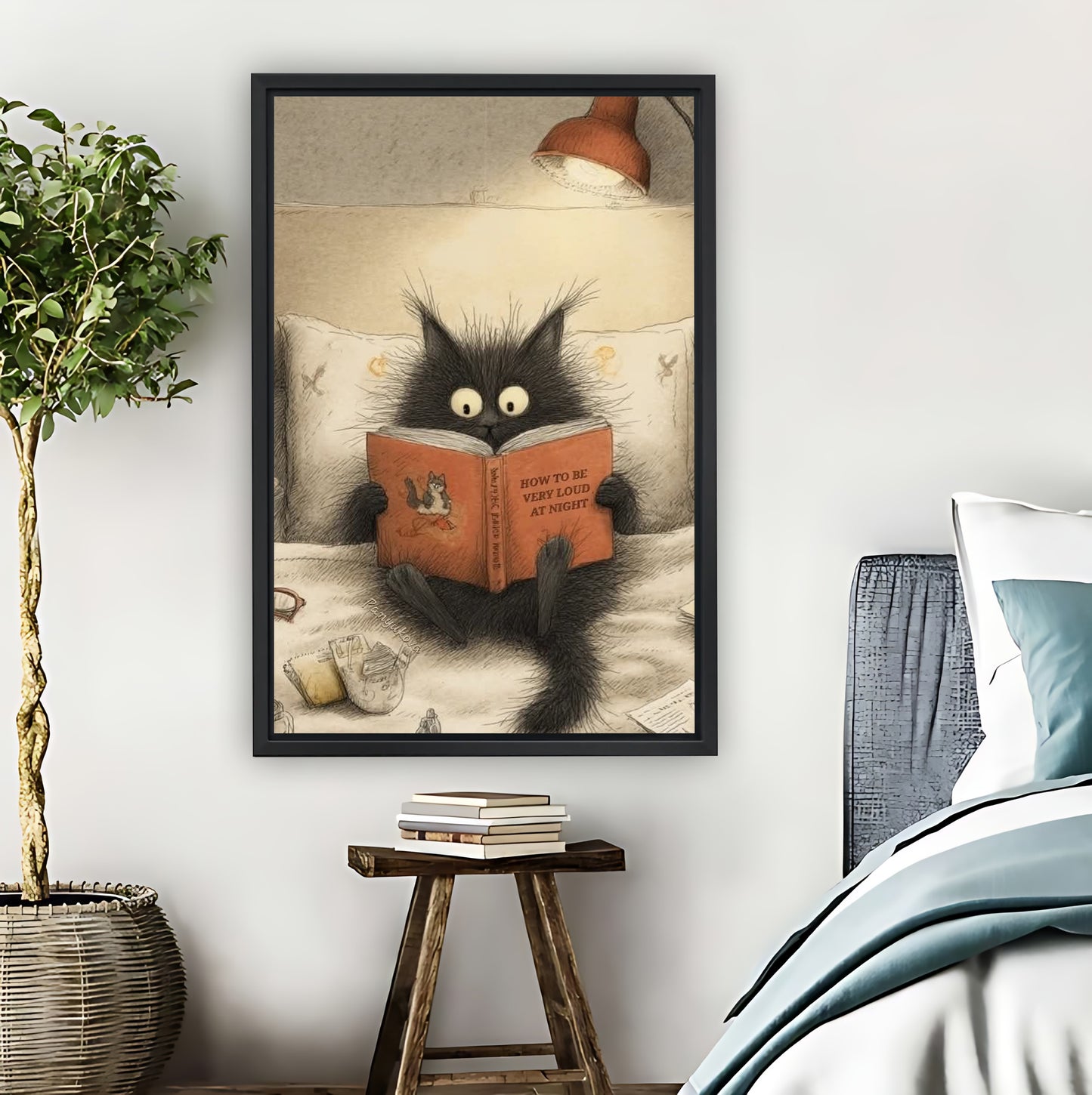 Black Cat Reading Book in Bed Cozy Wall Art Print| Liberty Signs #L887